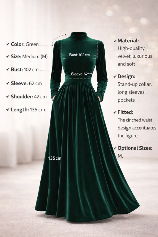 Elegant Velvet Maxi Dress with Stand Collar & Pockets – Perfect for Any Party
