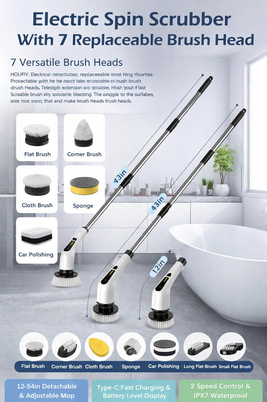 Electric Spin Scrubber With 7 Replaceable Brush Head