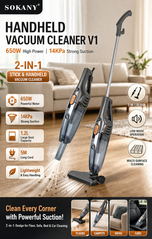 Handheld Vacuum Cleaner V1 – 650W High Power | 14KPa Strong Suction | 2-in-1 Multi-Surface Cleaning
