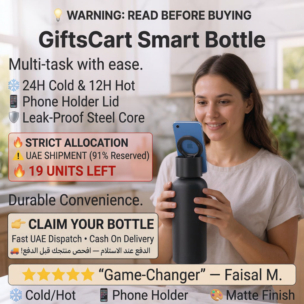 A woman holding a black smart water bottle with a built-in phone holder, shown in a bright indoor setting with promotional text overlays about the GiftsCart Smart Bottle features and shipping details.