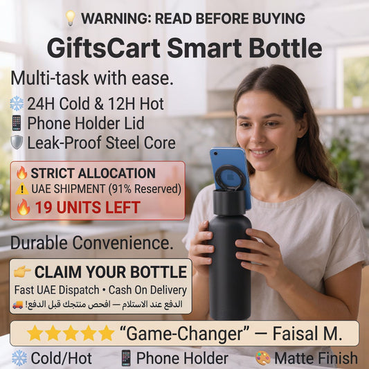 A woman holding a black smart water bottle with a built-in phone holder, shown in a bright indoor setting with promotional text overlays about the GiftsCart Smart Bottle features and shipping details.