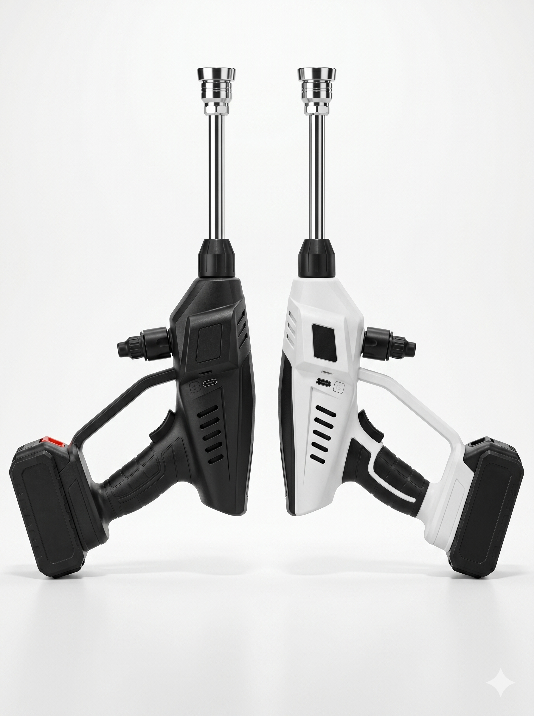 Two high-pressure cordless car washer guns, one in sleek matte black and one in minimalist white, showcasing the premium color options with long spray nozzles and detachable battery bases