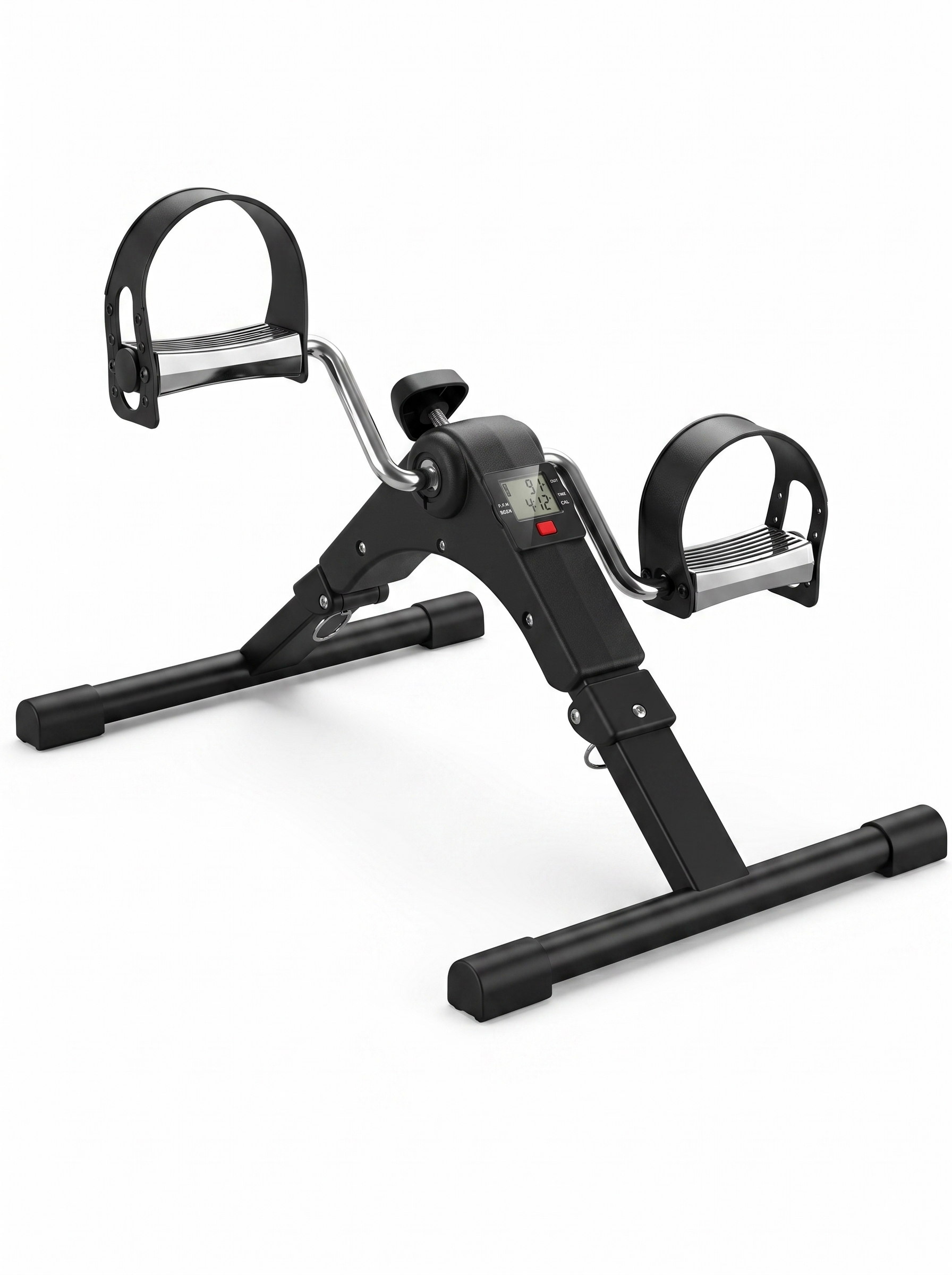 Black mini indoor pedal exerciser and portable desk cycle bike with a digital LCD display against a clean white background.