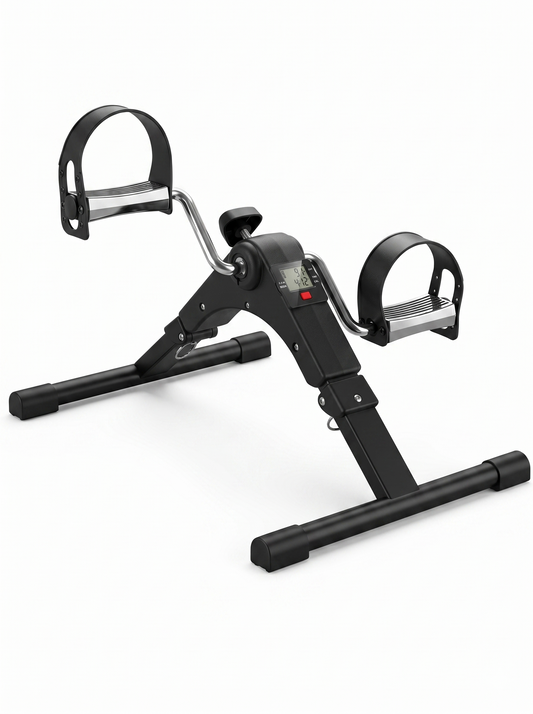 Black mini indoor pedal exerciser and portable desk cycle bike with a digital LCD display against a clean white background.