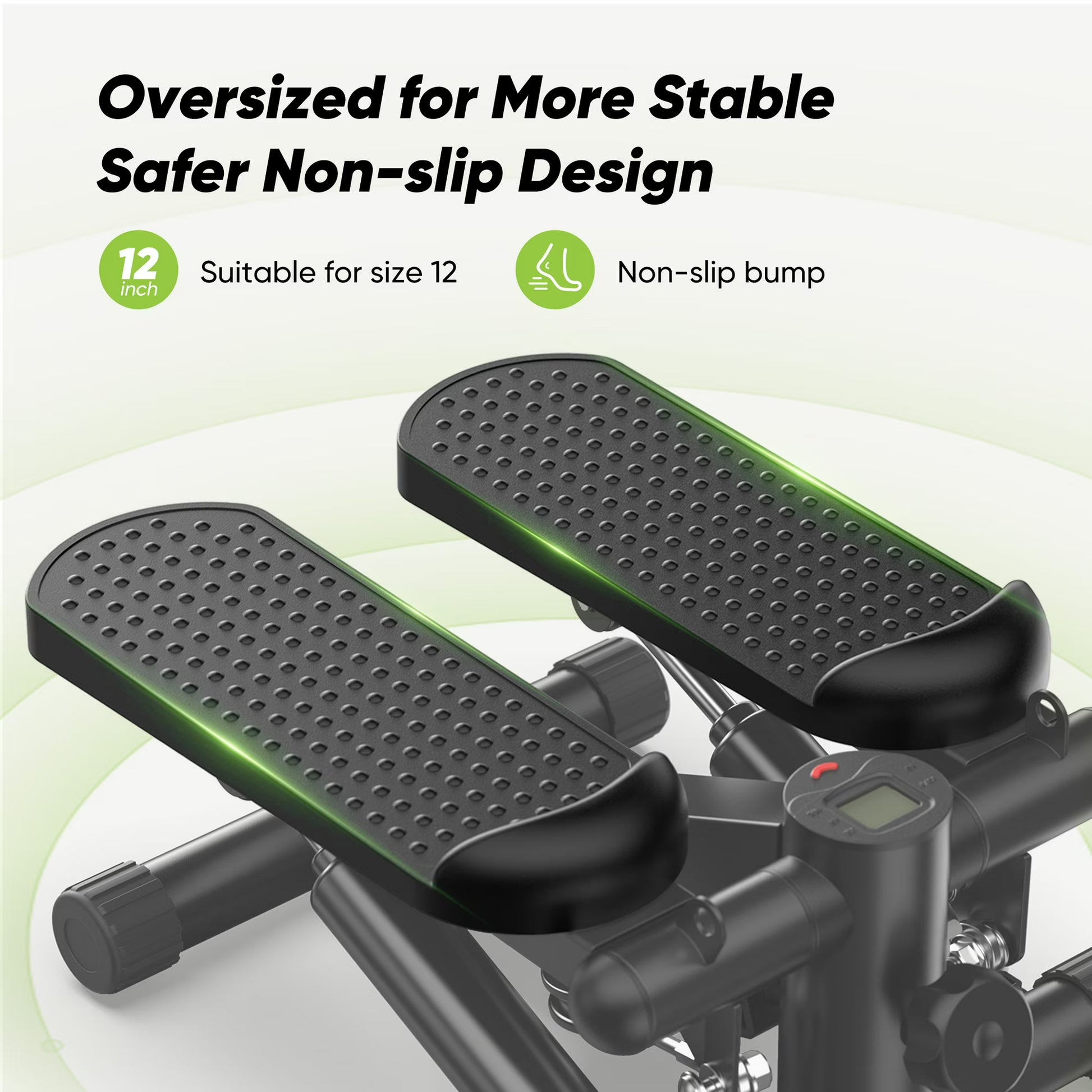 A close-up view of the oversized, non-slip textured foot pedals on the exercise stepper machine, noting they are suitable for shoe size 12.