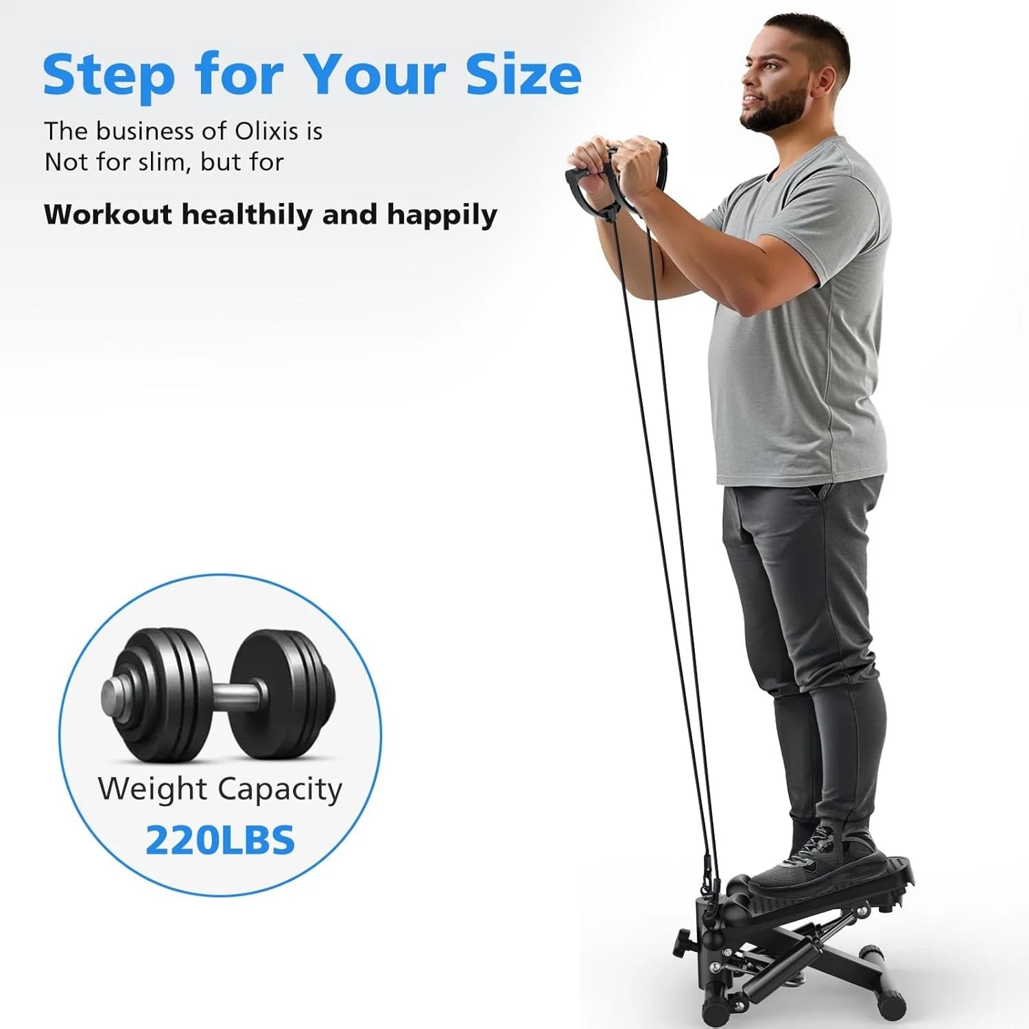 A man standing on an Olixis stepper machine while using resistance bands, highlighting a 220 lbs weight capacity.