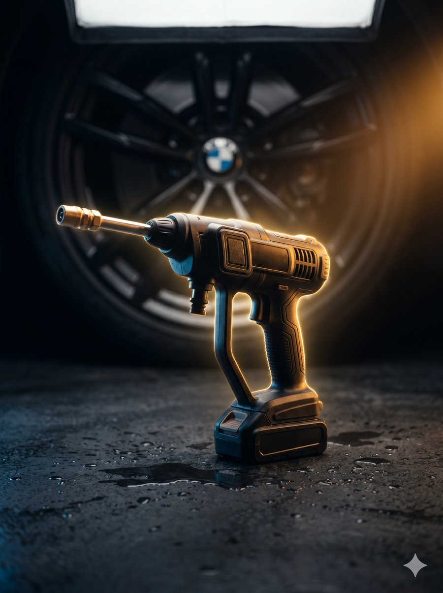 Cinematic studio shot of cordless car wash gun