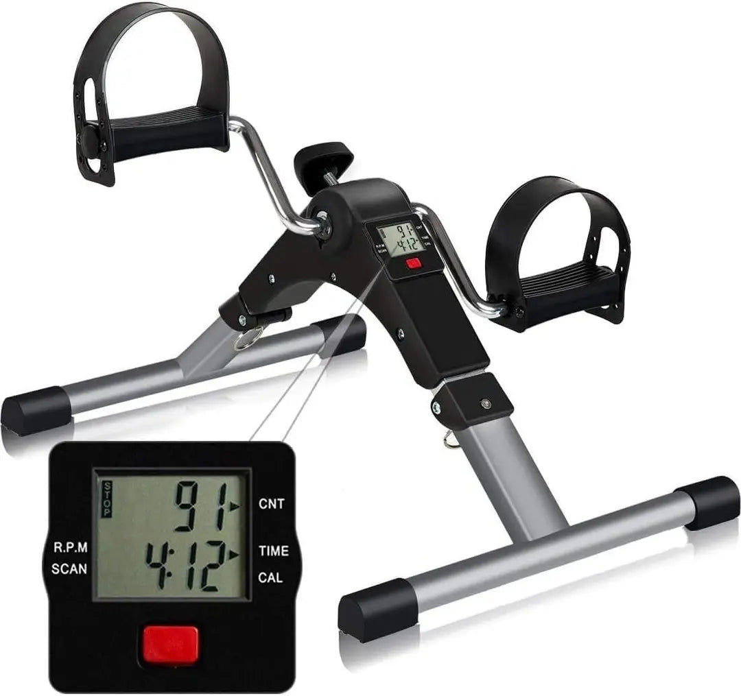 Portable desk cycle bike showing LCD display screen with time speed distance and calories burned