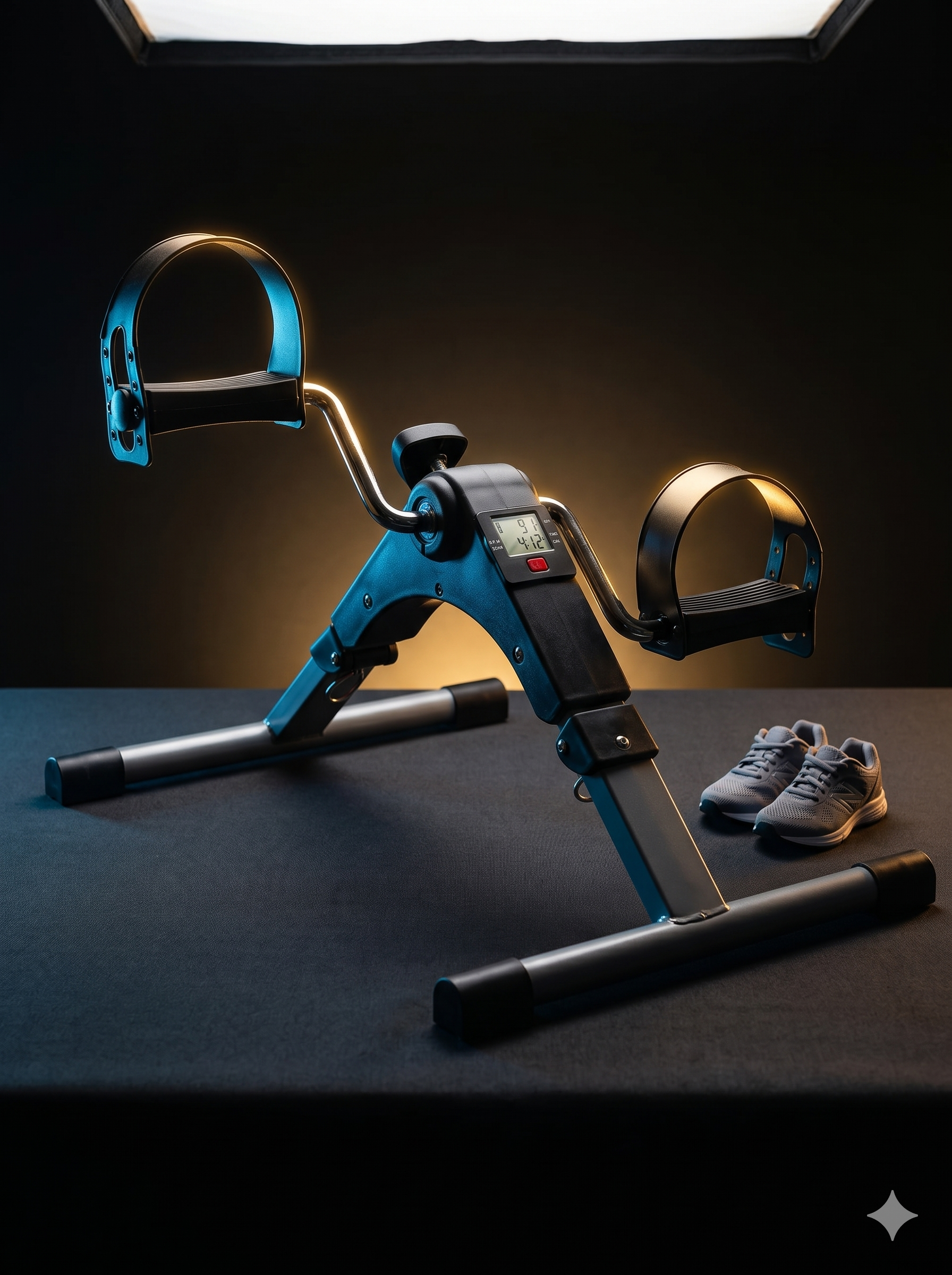 A dramatic studio shot of the black portable fitness foot pedal exerciser on a dark table next to a pair of running shoes