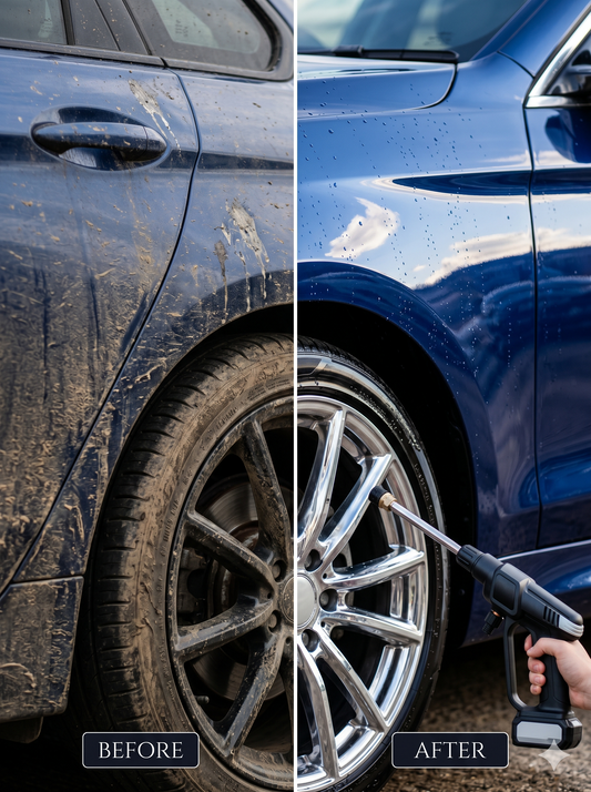 Split screen comparison showing a heavily mud-covered blue car side and tire wheel versus a sparkling clean, shiny car rim being sprayed by a high-pressure portable washer jet.