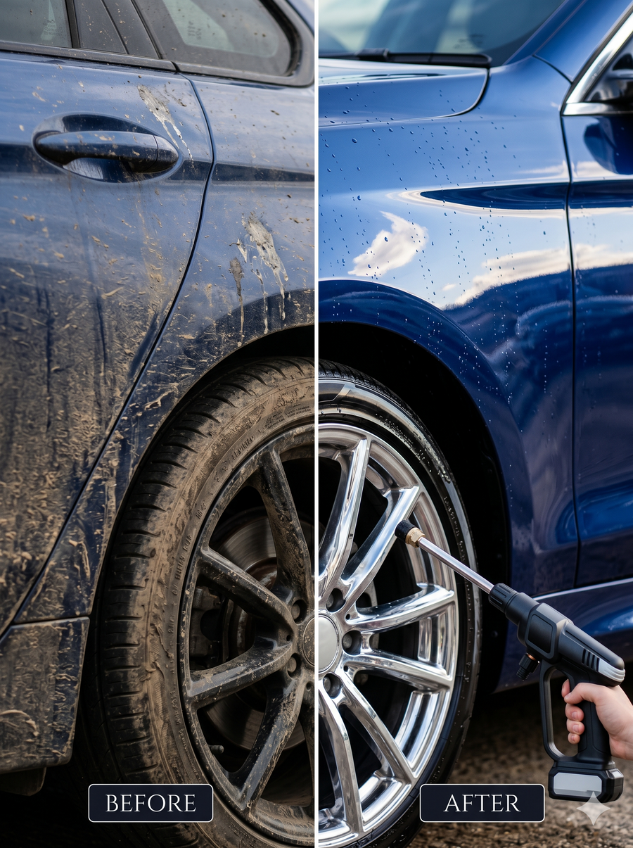 Before and after — mud-covered car vs sparkling clean rim