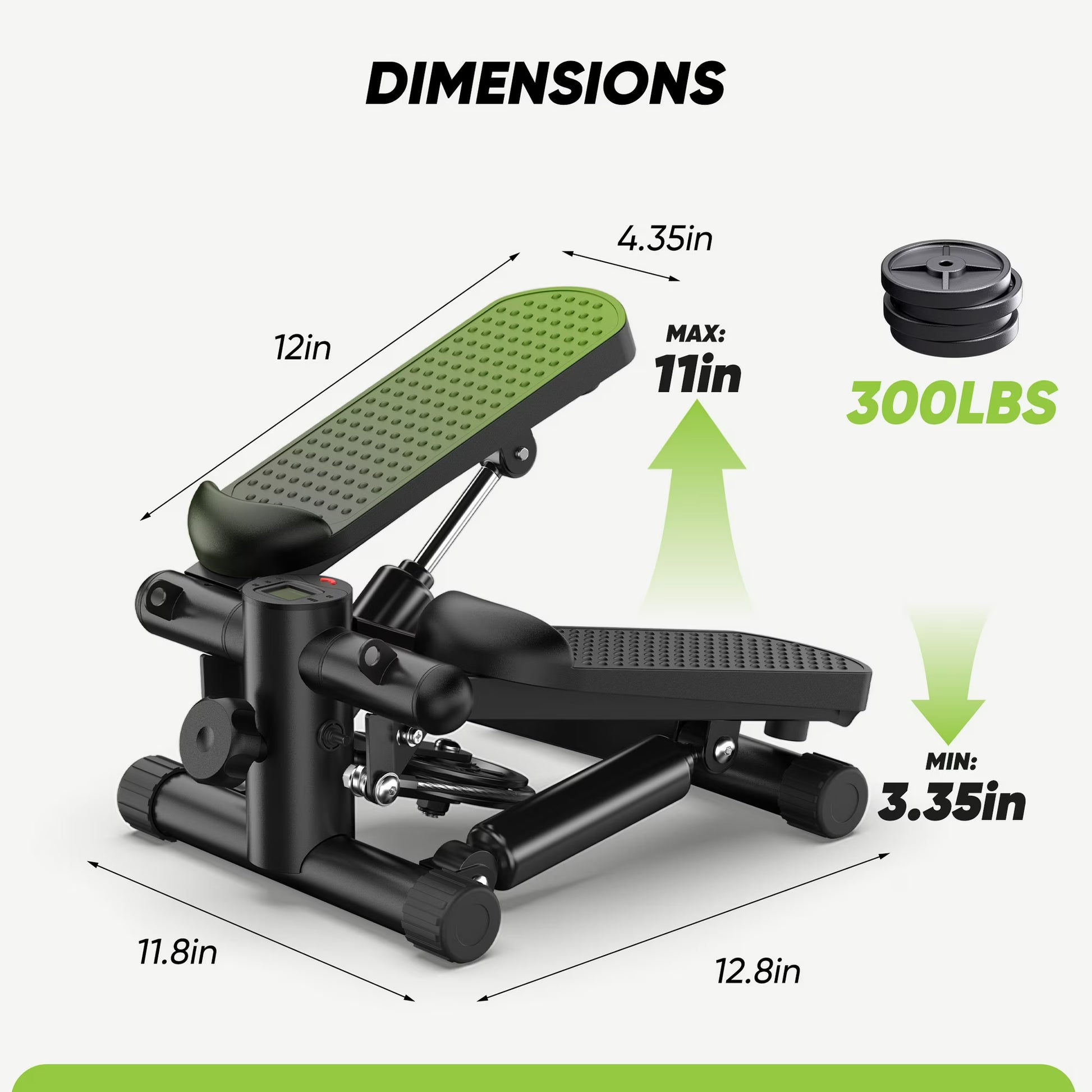 A technical diagram of the stepper machine showing dimensions in inches and a maximum weight capacity of 300 lbs.