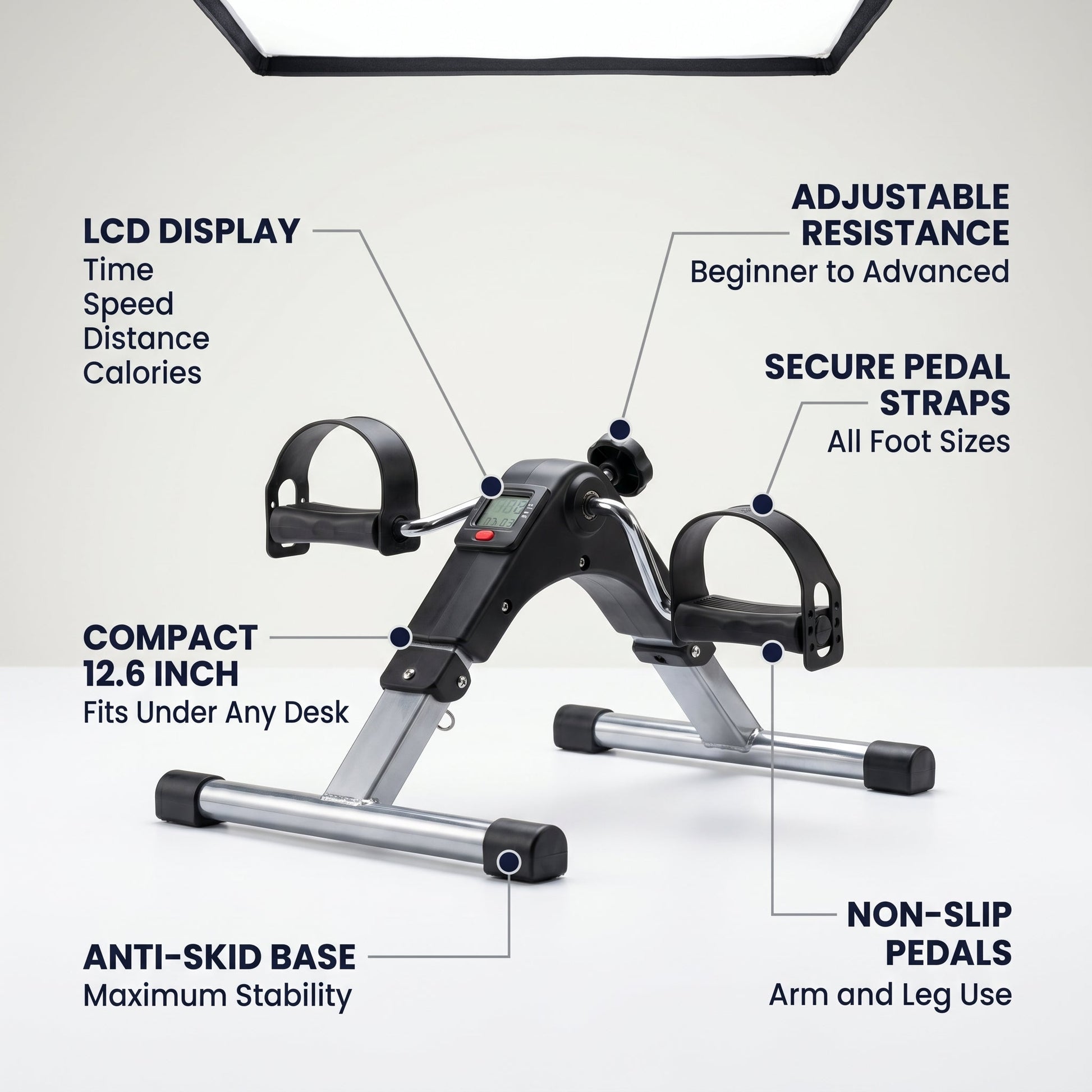 Product feature diagram highlighting the compact 12.6-inch frame, adjustable resistance knob, secure foot straps, anti-skid base, and multi-function LCD tracking monitor.