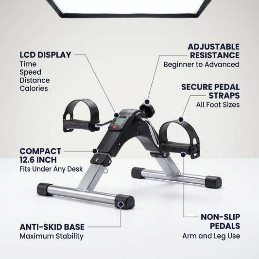 Product feature diagram highlighting the compact 12.6-inch frame, adjustable resistance knob, secure foot straps, anti-skid base, and multi-function LCD tracking monitor.