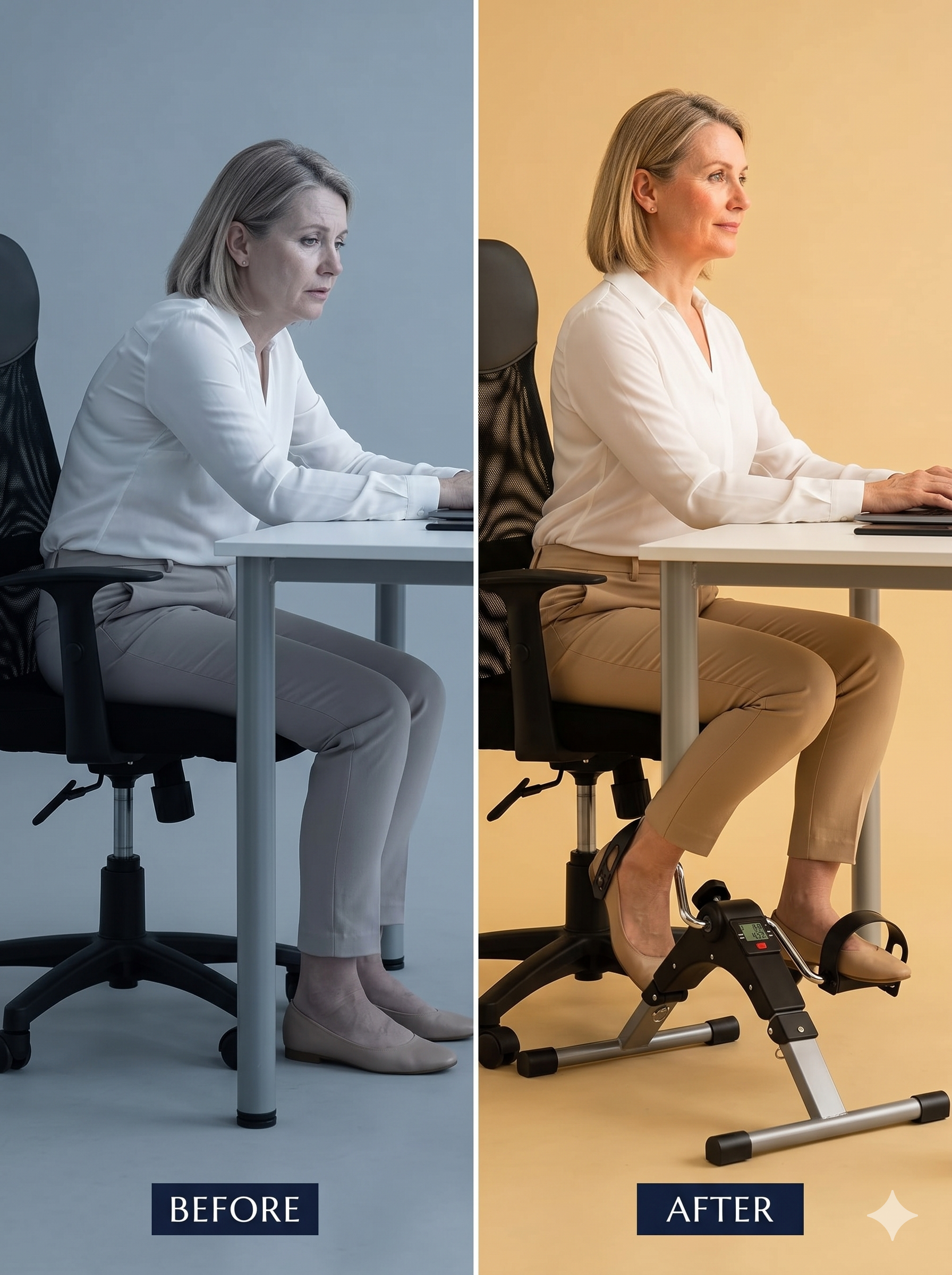 Side-by-side comparison showing a woman with poor slumped posture at a desk versus sitting upright actively working out with an under desk cycle peddler.