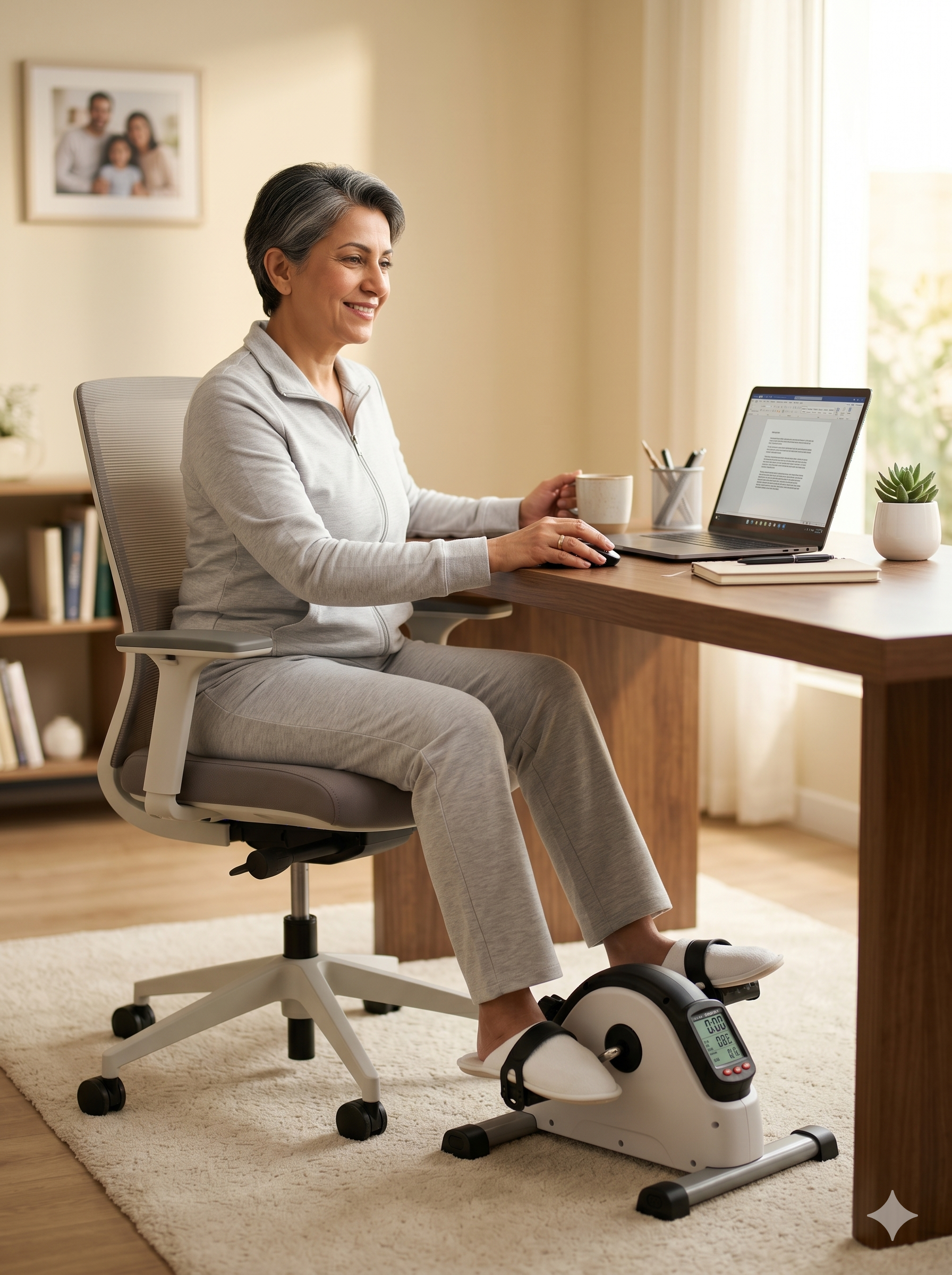 A smiling mature woman using a white and black under-desk pedal exerciser while working on her laptop from a comfortable home office chair