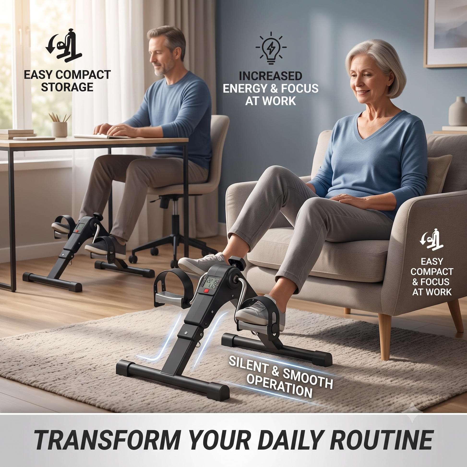 Folding pedal exerciser used under a desk while working and on a sofa at home for low-impact leg workout.