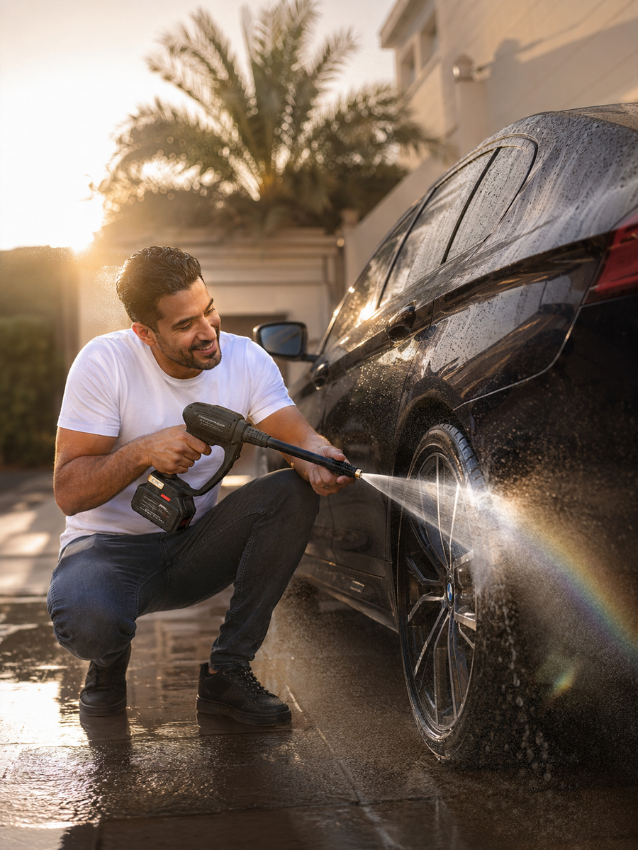 Man washing luxury car with cordless pressure washer at sunset